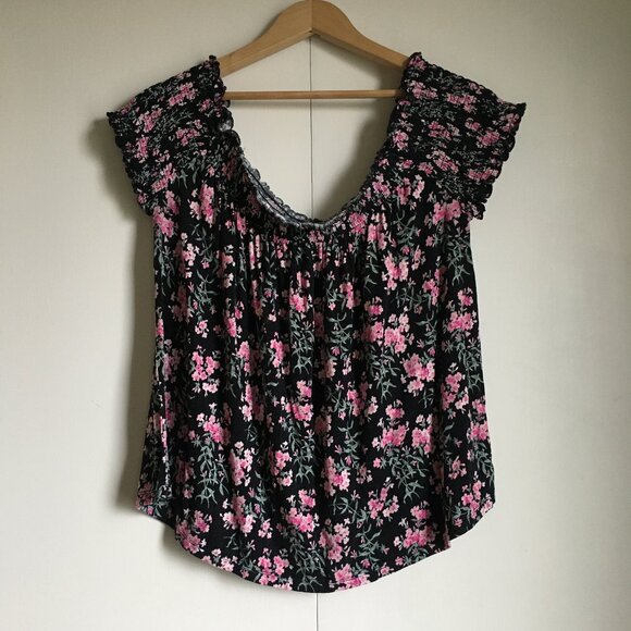 Soft & Sexy Black Floral Smock Collar Off Shoulder Top - Picture 1 of 13